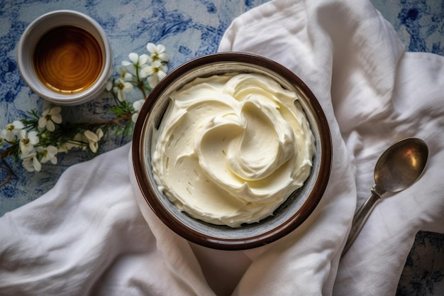 Overhead view of homemade cream cheese frosting created with generative ai