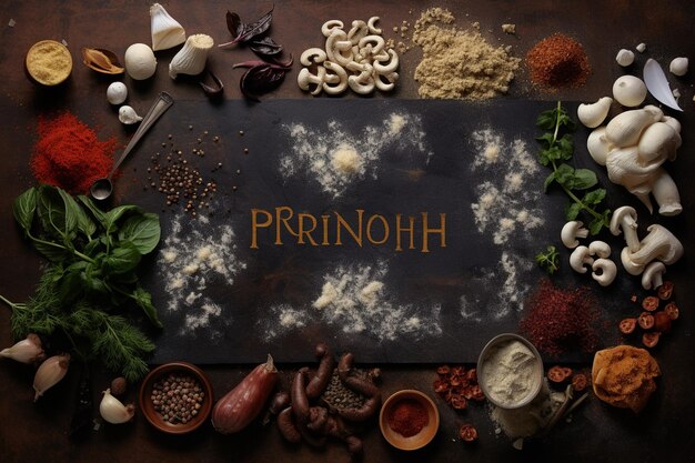 An overhead view of ingredients for making risotto funghi written on slate with chalk