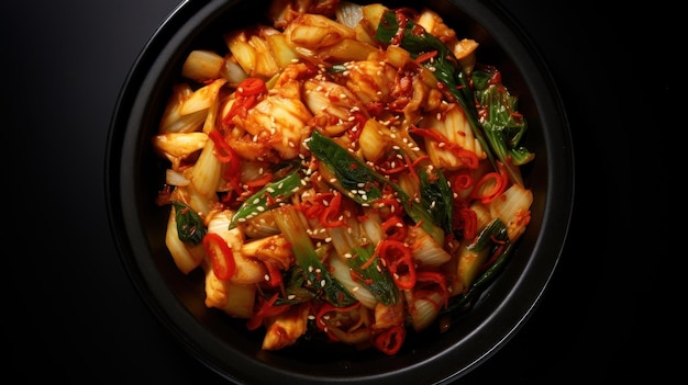 Overhead view of kimchi served in a black dish