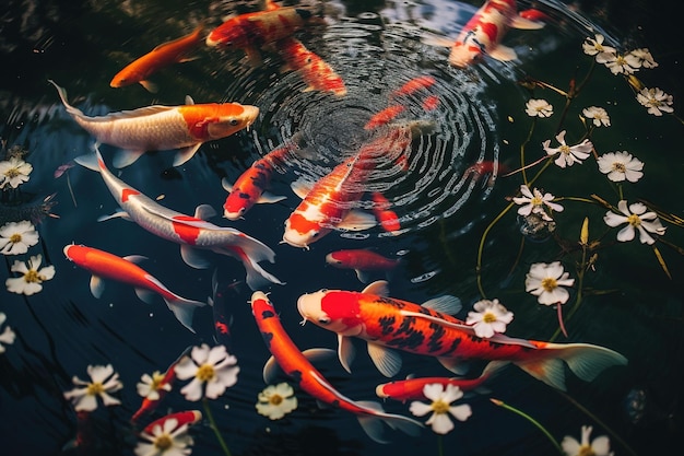 Photo overhead view of a koi pond with fish swimming in circular motions