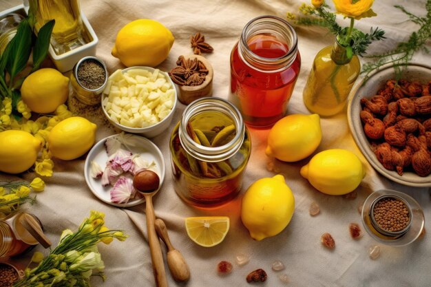 Overhead view of lemonade ingredients on a table created with generative ai