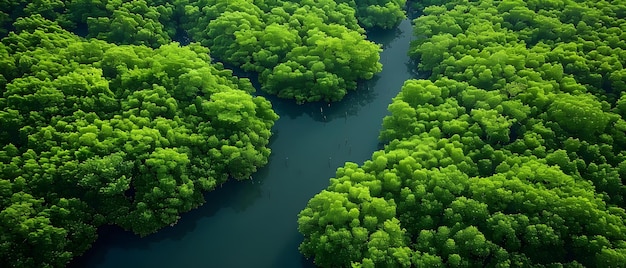 Overhead view of lush mangrove forest with dense green trees capturing CO2 for a sustainable environment Concept Mangrove Forest Carbon Sequestration Overhead View Green Trees