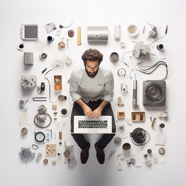 Overhead View Man Working at Computer White Background