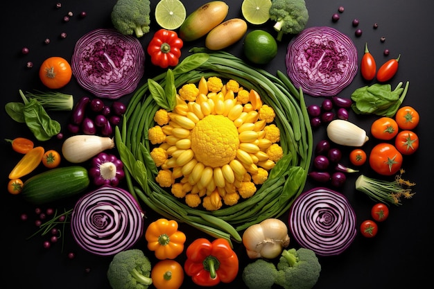 Overhead view of a mandala made from a variety of seasonal vegetables