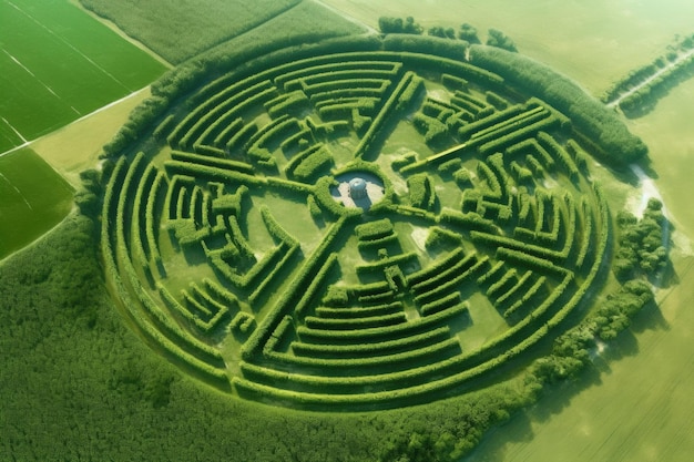 Overhead view of a mazelike crop circle in a green field created with generative ai