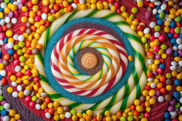 An overhead view of a mesmerizing mosaic of colorful candies creating a vibrant backdrop