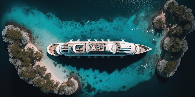 Overhead view of a modern cruise ship in a calm sea with crystal clear water Generative AI