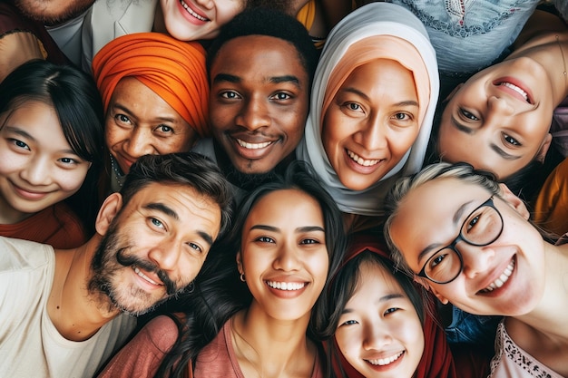 Foto vista dall'alto di un gruppo multiculturale di persone che sorridono alla telecamera