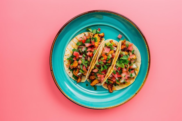 사진 밝은 색의 배경 에 있는 신선 한 멕시코 타코 의 접시 의 위상