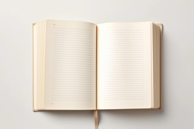 Overhead view of open book with empty blank white pages notebook composition for catalog magazines