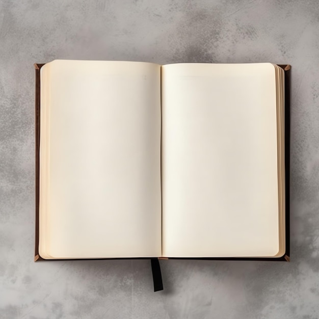 Overhead view of open book with empty blank white pages notebook composition for catalog magazines