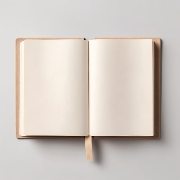 Overhead view of open book with empty blank white pages Notebook composition for catalog magazines