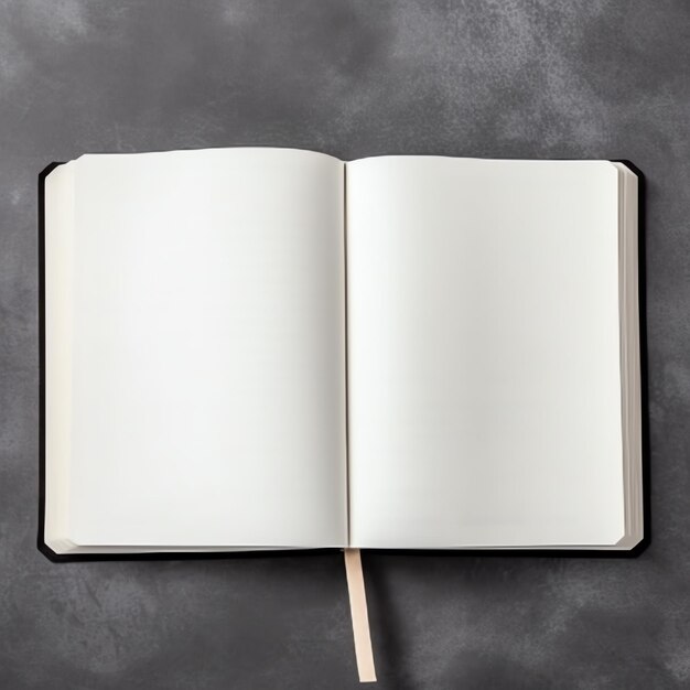 Photo overhead view of open book with empty blank white pages notebook composition for catalog magazines