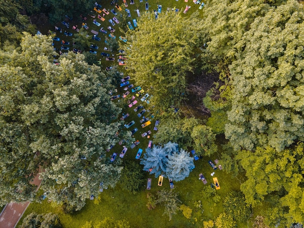 Overhead view of people do yoga at city public park