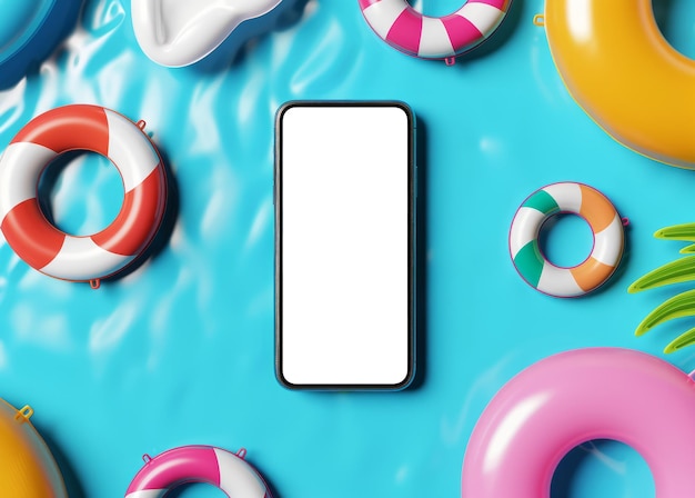 Overhead view of a phone mockup with blank screen surrounded by inflatable pool floats