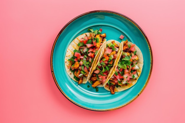 Overhead view of a plate of fresh mexican tacos on a bright color background