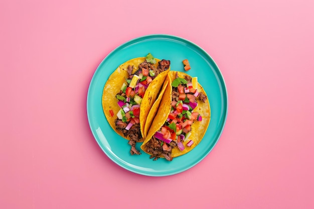 Photo overhead view of a plate of fresh mexican tacos on a bright color background