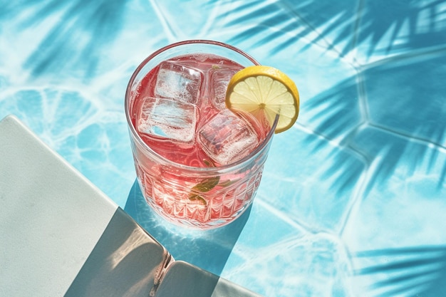 Photo overhead view of a pool party with a floating drink cooler