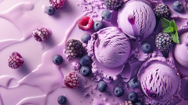 Overhead view of purple ice cream with berries and flowers melting