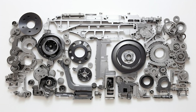 Photo an overhead view of a puzzle composed of car parts on a clean white background