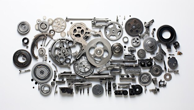 An overhead view of a puzzle composed of car parts on a clean white background