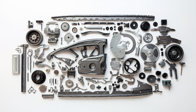 Photo an overhead view of a puzzle composed of car parts on a clean white background