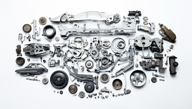 Foto una vista dall'alto di un puzzle composto da parti di automobili su uno sfondo bianco pulito