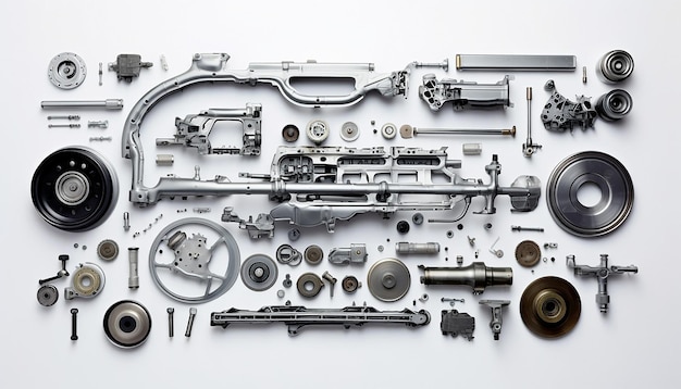 An overhead view of a puzzle composed of car parts on a clean white background