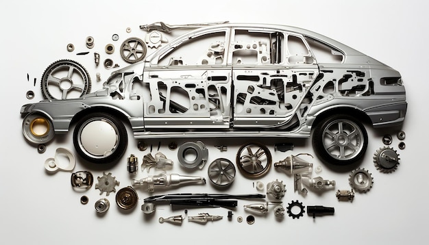 An overhead view of a puzzle composed of car parts on a clean white background