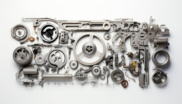 An overhead view of a puzzle composed of car parts on a clean white background