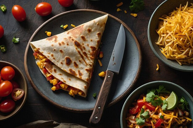 Overhead view of a quesadilla being