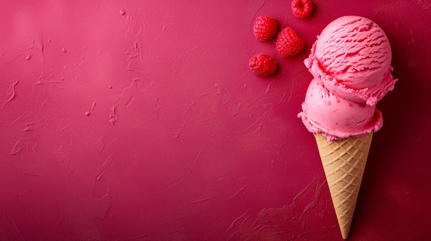 Overhead view of a raspberry flavored ice cream cone with scattered berries on a vibrant red surface