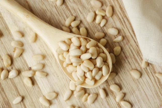 Overhead view of of Raw soy bean seed on a wooden spoon