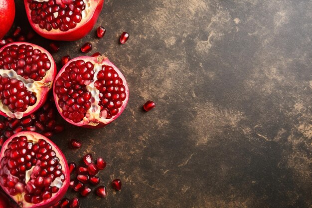 Photo an overhead view of red pomegranate seeds on grunge background