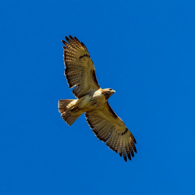 Photo overhead view of redtailed hawk in flight