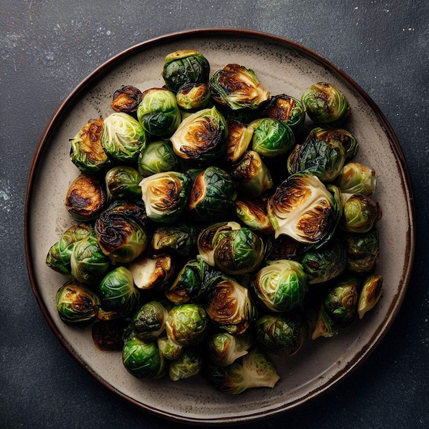 Overhead view of roasted brussels sprouts served on a plate