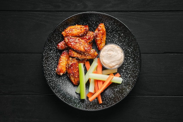 Photo overhead view of roasted chicken wings, celery and carrot sticks and sauce on a plate