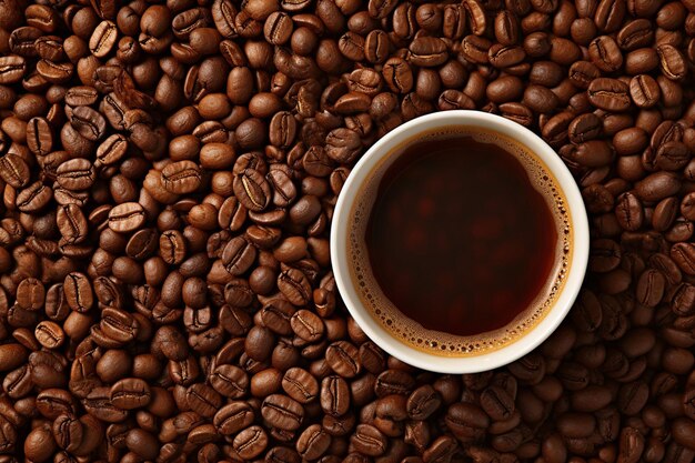 Photo an overhead view of roasted coffee beans and coffee cup