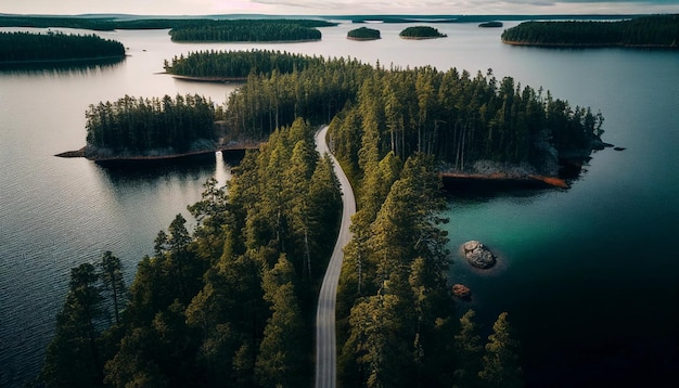 Overhead view of a route in Finland with green woodlands and azure lakes Generative AI