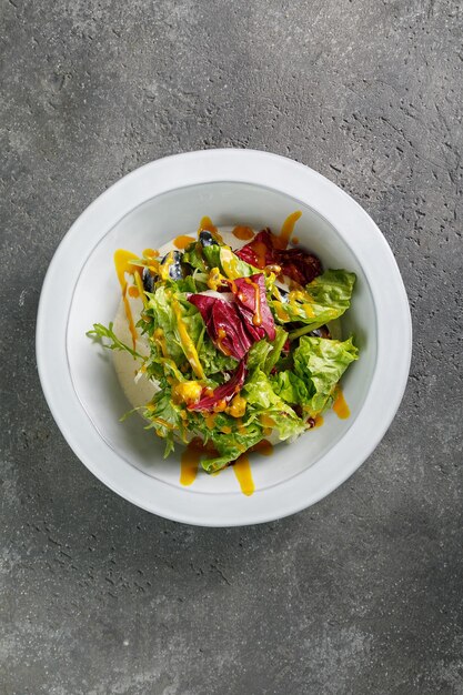 Overhead view of salad with mussels