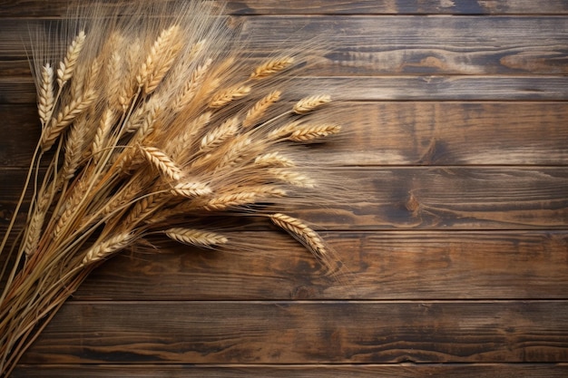 Overhead view of scattered wheat ears on rustic wooden table