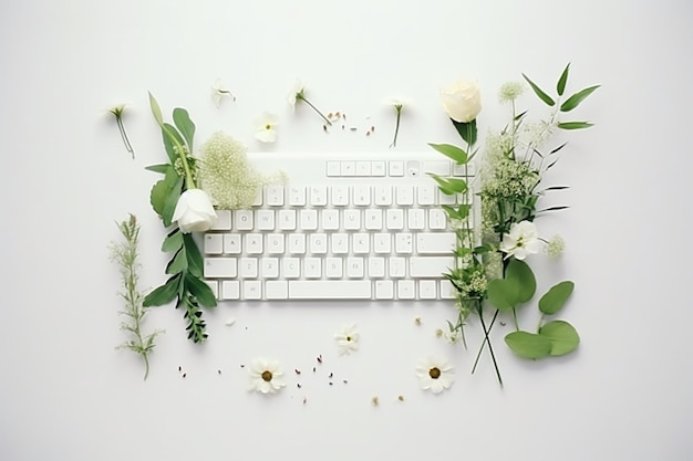 Photo overhead view of showplant keyboard and pen with diary on white background