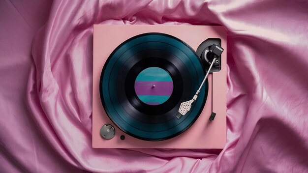 An overhead view of single circular vinyl record on pink background