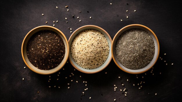 Overhead view of a stack of three bowls with chia seeds