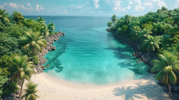 Overhead view of a sunny tropical beach lined with lush palm trees