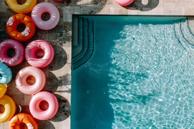 Overhead view of a swimming pool with pool ring floats