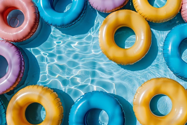 Overhead view of a swimming pool with pool ring floats