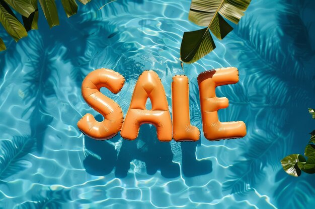 Photo overhead view of a swimming pool with the word sale spelled from inflatable pool floats