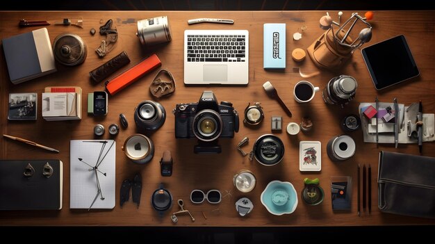 Photo an overhead view of a table covered in innovative tools