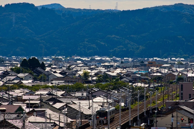 Overhead view of takaoka city and the ainokaze toyama railw